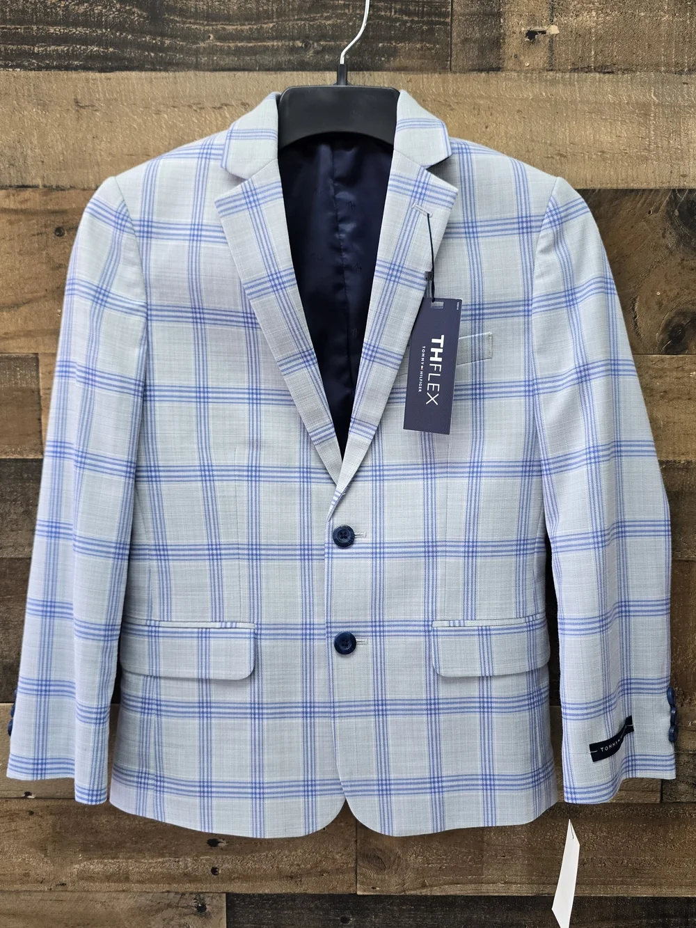 Boys Coat TOMMY-HILFIGER THFLEX Light Blue Windowpane Plaid Sport Blazzer Size10